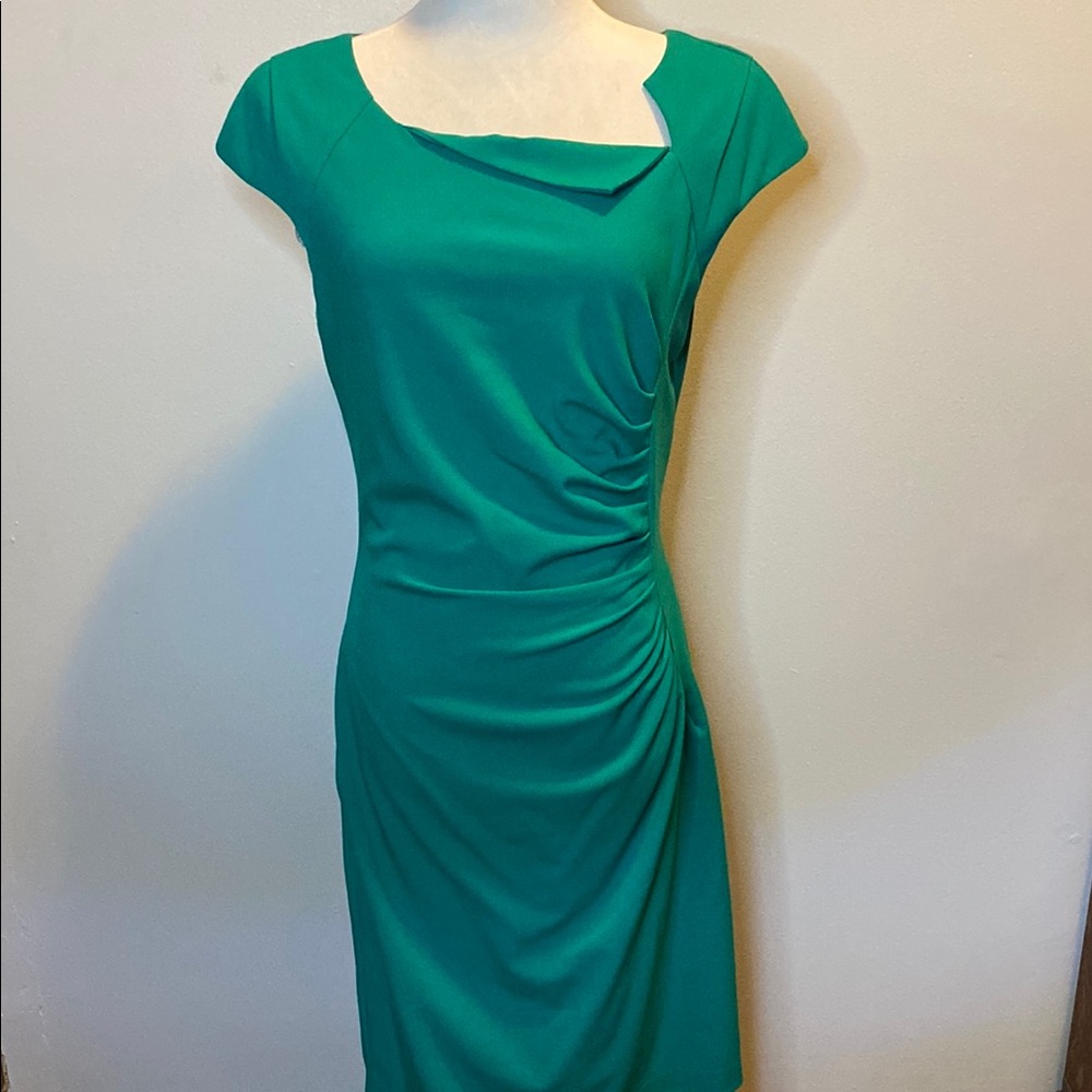 Calvin Klein Asymmetrical Green Ruched Sheath Dress